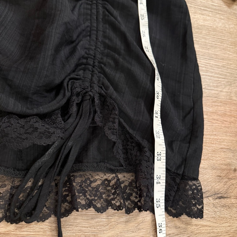 Ruched Mini Dress Women’s L Black Milkmaid Lace Drawstring Goth Dark Feminine - Picture 11 of 13